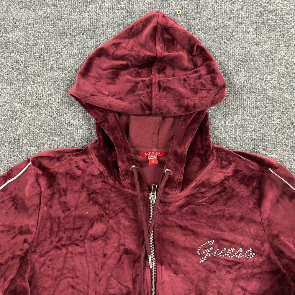 Guess Hoodie Womens Size M Burgundy Velour Rhinestone Logo Zip Up Piping Jacket